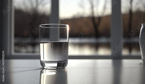Glass of water on table in kitchen in morning for drinking in order to good health and wellness, digest, a skin care and beauty.