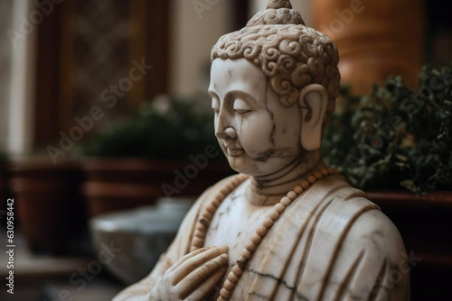 Buddha statue in a temple museum, bamboo zen jungle, friendly peaceful tropical environment, fresh natural spa asian wallpaper. Mindfulness, wellness, and Inspiring concept. Generative AI Technology