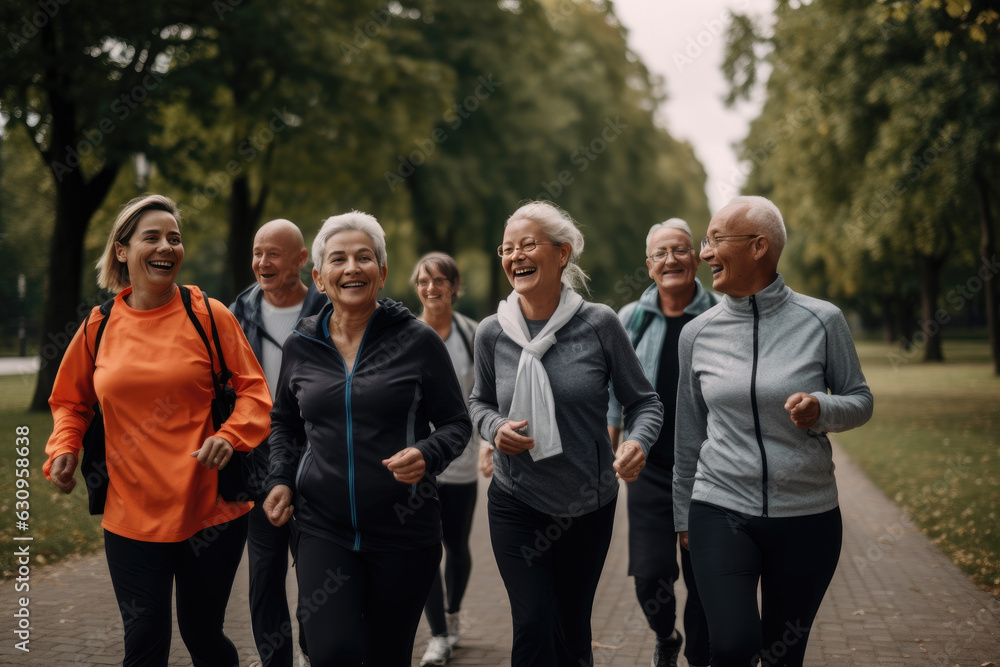 Group of seniors walking in a park in the city