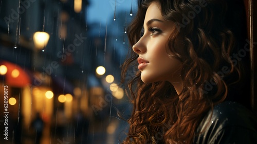 A beautiful pensive woman looks out the window at night during the rain and drops flow down the glass. Face of a sad girl close-up. AI generated