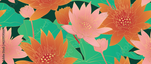 Luxury Lotus flowers background vector. Elegant gradient gold lotus flowers line art, leaves on green background. Oriental design for wall arts, cover, print, decoration, packaging design.