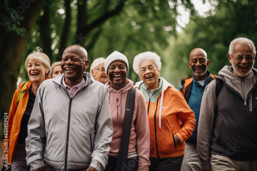 Group of seniors walking in a park in the city