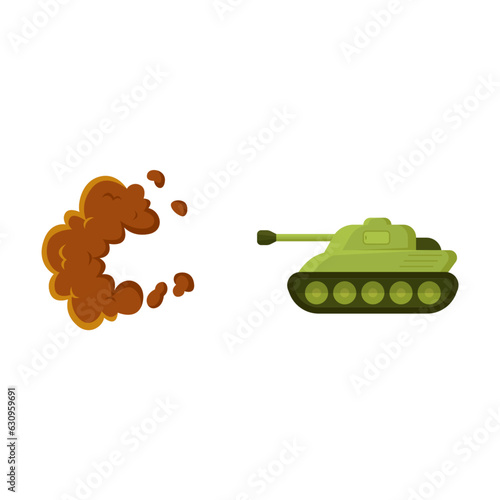Green tank in battle vector illustration. Cartoon drawing of military transport firing or attacking during combat isolated on white background. Army, war, conflict concept