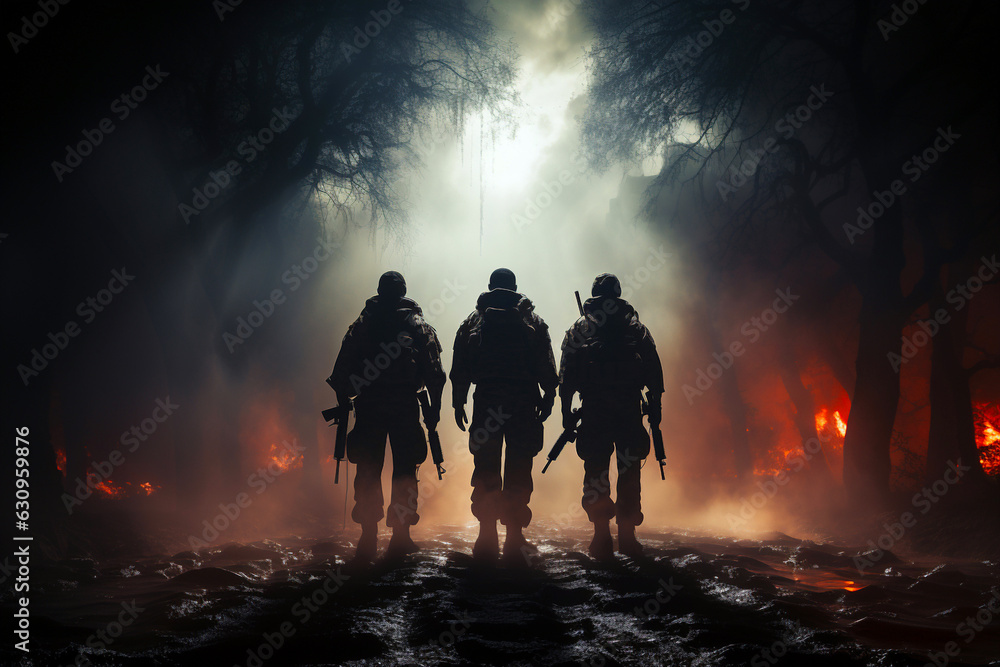 Silhouettes of army soldiers in the fog, surrounded fire and smoke, shooting with assault rifle and machine gun, attacking enemy surrounded by damaged ruins. War scene. Generative AI