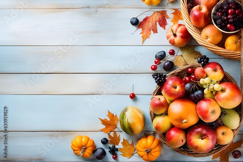Against a calming blue backdrop, autumn leaves and a brimming fruit basket create a picturesque display © Mahrowou