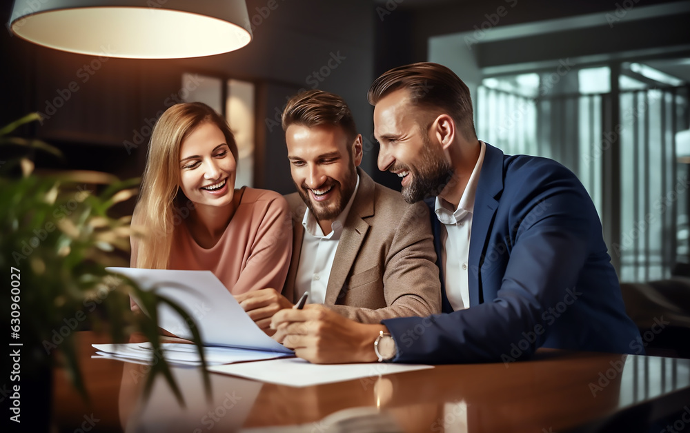 Real estate agent signing agreement with couple of happy clients. Real estate agent signing agreement with couple of happy clients.