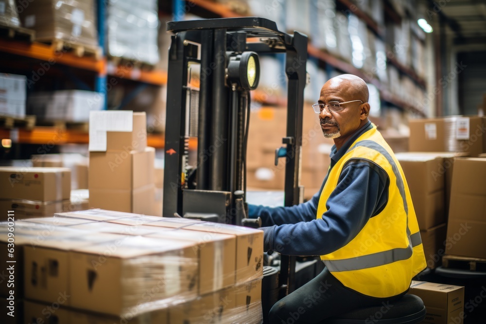 Warehouse Employee Organizing Cardboard Box, Generative AI Warehouse Employee Organizing Cardboard Box, Generative AI