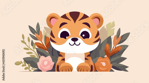 Vector illustration of little tiger baby in flower field.