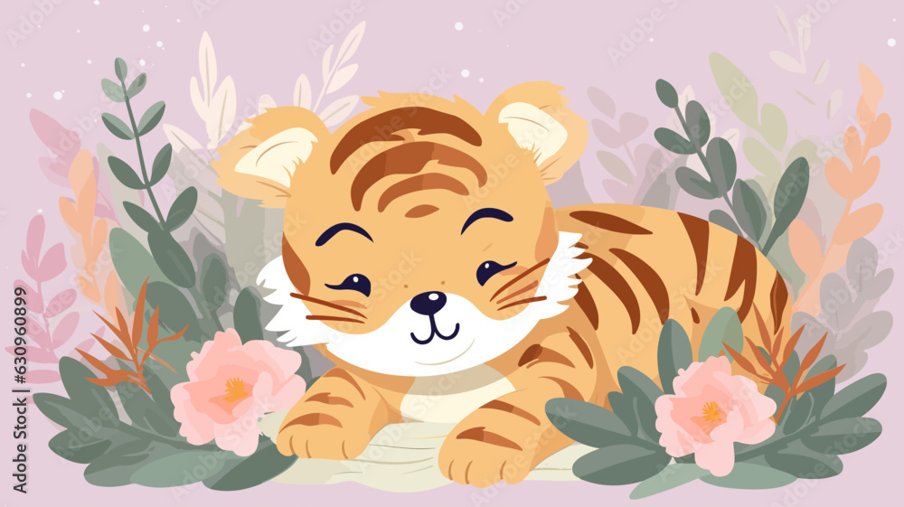 Vector illustration of little tiger baby in flower field. Vector illustration of little tiger baby in flower field.
