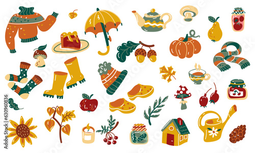 Fototapeta Naklejka Na Ścianę i Meble -  A set of autumn elements. Vector illustration of pumpkin, umbrella, pie, mushrooms, rubber boots, berries, fruits, autumn leaves and much more. A set of stickers on the autumn theme
