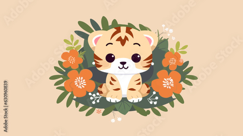 Vector illustration of little tiger baby in flower field.