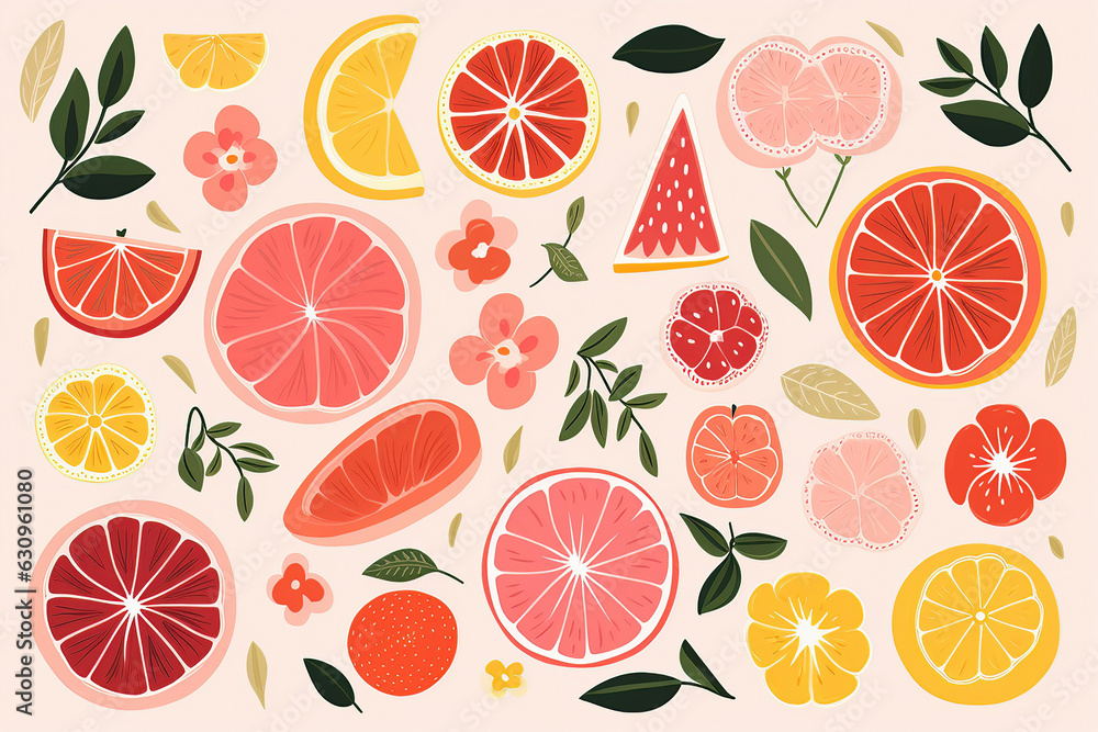 Stylized vector art of citrus fruit on a pink background. Generative AI. Stylized vector art of citrus fruit on a pink background. Generative AI.