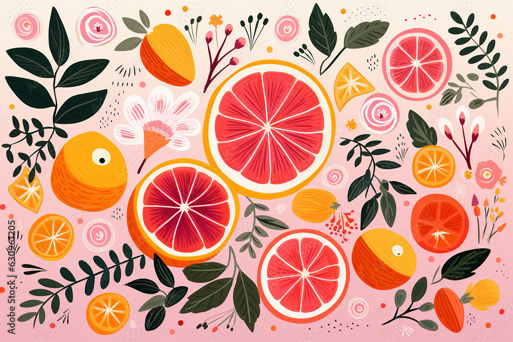 Stylized vector art of fruit on a pink background.  Generative AI.