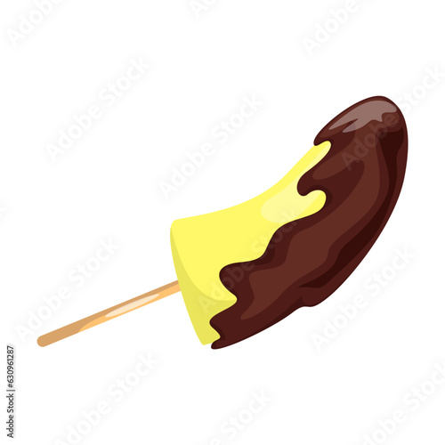 Chocolate dipped banana on stick vector illustration. Drawing of fruit with chocolate, snack on stick isolated on white background. Dessert, food, confectionery concept