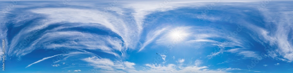 Fototapeta premium Blue summer sky panorama with light Cirrus clouds. HDR 360 seamless spherical panorama. Full zenith or sky dome for 3D visualization, sky replacement for aerial drone panoramas.