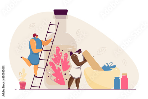 Tiny women making herbal medicine vector illustration. Doctors working with leafs and bottles, producing homeopathic pills or essential oils. Alternative medicine, health care concept
