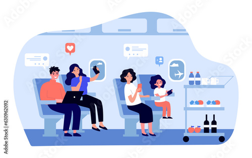 Passengers using devices on flight vector illustration. Happy people working and playing on smartphones and laptops, taking selfies on plane. Airplane mode, technology, travel concept
