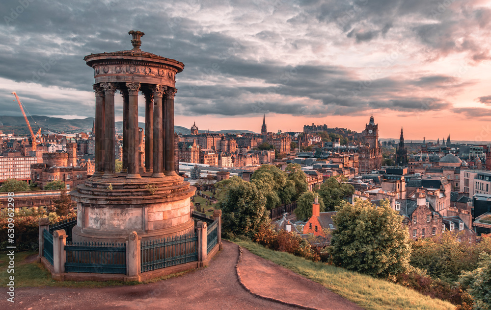The sunset view of the Edinburgh City from the Calton Hill lookout