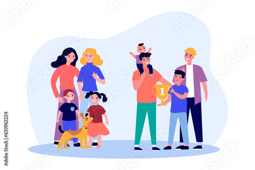 Happy same-sex families adopting children vector illustration. Gay and lesbian couples hugging, supporting kids in sports and having pets. Kid adoption, LGBT family, parenthood concept