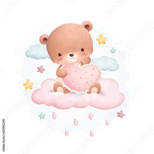 Watercolor illustration cute teddy bear on cloud with stars