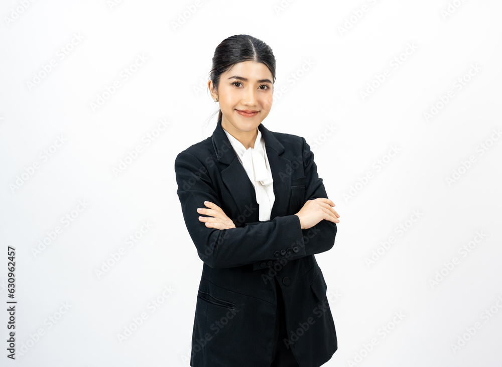 Young asian business woman happy smiling standing pose on isolated white background. Female around 25 in suit portrait shot in studio. Young asian business woman happy smiling standing pose on isolated white background. Female around 25 in suit portrait shot in studio.