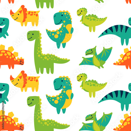 Vector seamless color repeating pattern with dinosaurs in a bright cartoon style. Children s seamless pattern with hand-drawn dinosaurs. Vector illustration of dinosaurs