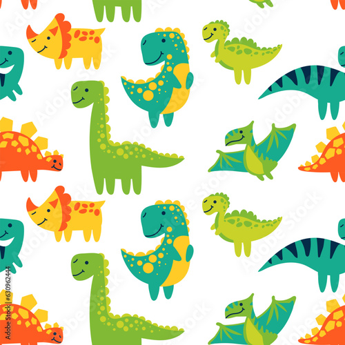 Vector seamless color repeating pattern with dinosaurs in a bright cartoon style. Children's seamless pattern with hand-drawn dinosaurs. Vector illustration of dinosaurs