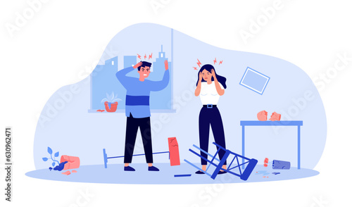 Couple arguing in destroyed apartment vector illustration. Room with broken furniture and household items, man shouting at woman and fighting. Domestic violence, abusive relationship concept photo