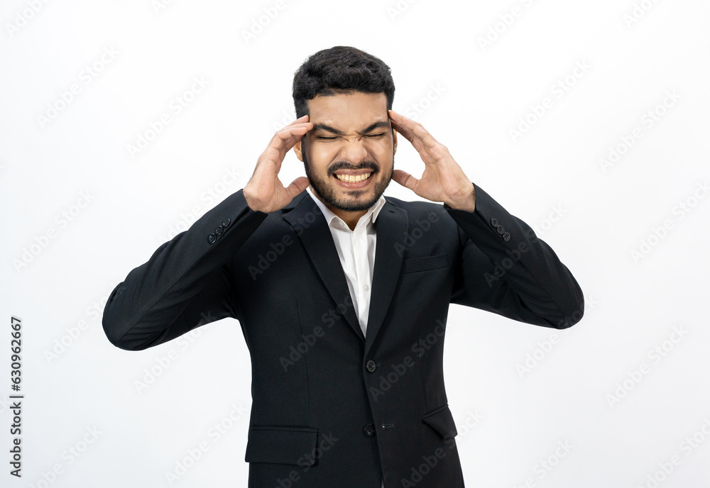 Depressed stressed. Young asian businessman on isolated white background. Angry middle aged Indian businessman in office uniform. Depressed stressed. Young asian businessman on isolated white background. Angry middle aged Indian businessman in office uniform.