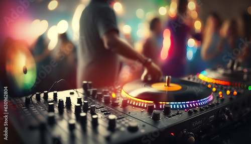 Professional dj music mixing turntable console on the foreground and blurred crowd of dancing people on backdrop. Club party event poster horizontal template.