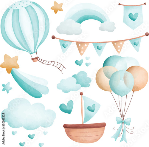 Watercolor illustration set of nursery clipart for baby boy