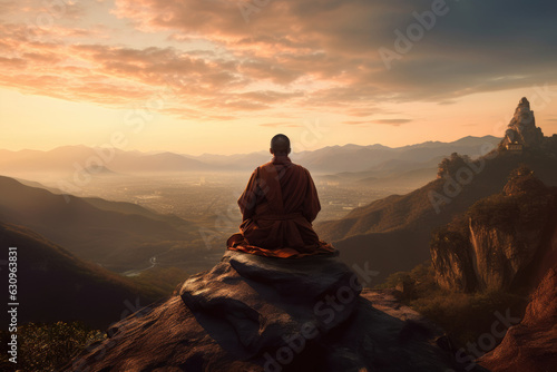 Buddhist monk in meditation at beautiful sunset or sunrise background on high mountain.generative ai © ittipol