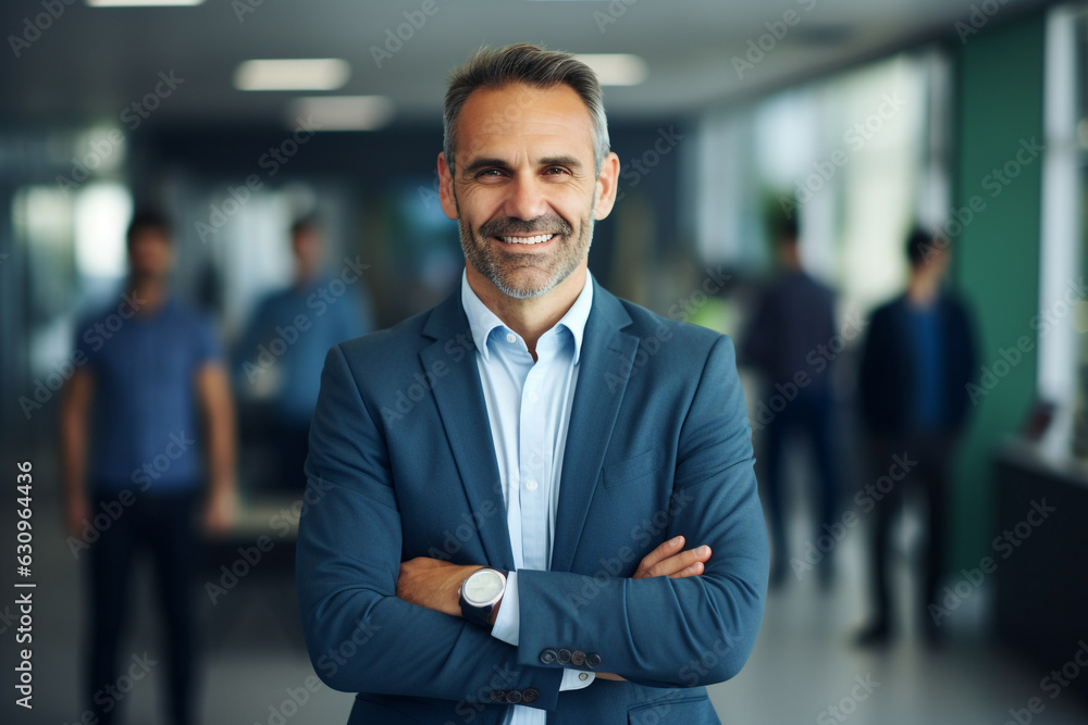 Business concept. Portrait of middle aged business man ceo standing in office with arms crossed. Neutral office background with copy space. Generative AI