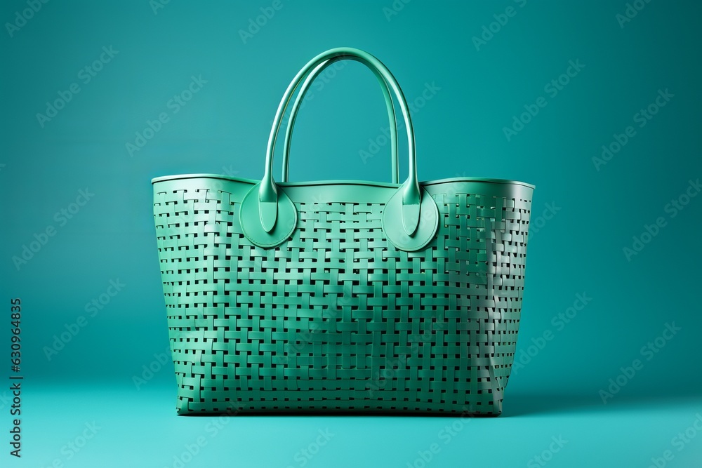 Green Beach Bag On An Isolated Green Background, Generative AI. Green Beach Bag On An Isolated Green Background, Generative AI.