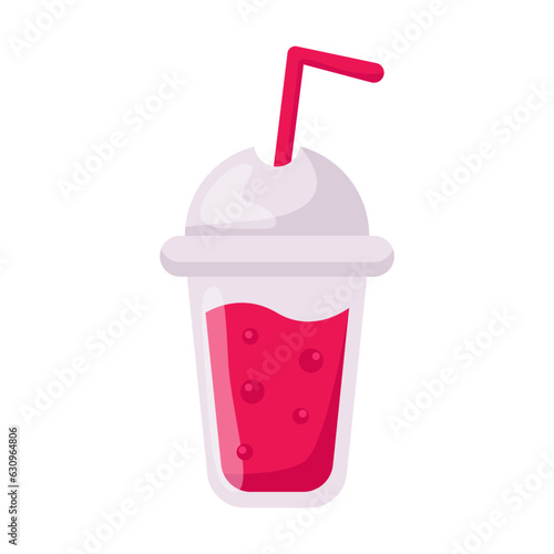 Cocktail in cup with straw vector illustration. Cartoon drawing of plastic cup with fresh strawberry drink for summer isolated on white background. Desserts, refreshment concept