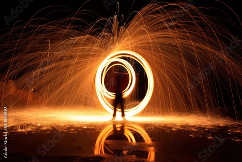 Dynamic motion shots of skilled fire performers creating mesmerizing circles of light. Vibrant energy and confidence. Concept of mesmerizing fire entertainment and artistry.