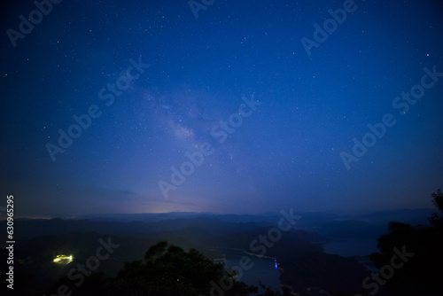 Galactic Serenity: Nighttime Skyline at the Mountain Summit. Starry sky in summer at Crocodile Island in Shiding District, New Taipei City.