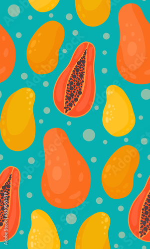 Seamless vector tropical pattern with mango and papaya. Fruit texture on turquoise background with dots. Juicy food surface