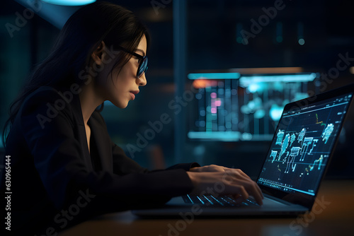 A woman working on a laptop and analyzing data