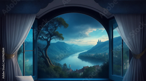 Window in room with surreal and mystical view. Generative AI. © BornHappy