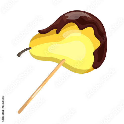 Chocolate dipped pear on stick vector illustration. Drawing of fruit with chocolate, snack on stick isolated on white background. Dessert, food, confectionery concept