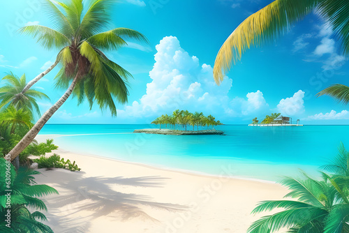 Realistic beach with palm trees view