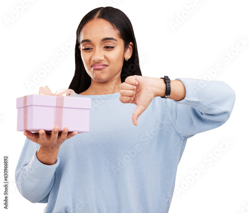 Fotografía Gift, woman and thumbs down sign, disappointed and upset with birthday product, Christmas present and disagreement opinion