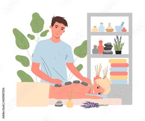 Massage therapist helping woman relax vector illustration. Herbals, essential oils, aroma diffusers and spa procedures helping people relax. Aromatherapy, health care, mental peace concept