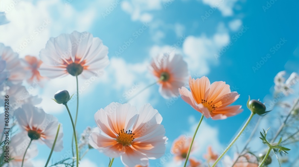 Blue Sky and clouds with wild flowers in beautiful meadow during sun-drenched Spring Summer. Low angle with wide format , nature landscape. Generative AI Blue Sky and clouds with wild flowers in beautiful meadow during sun-drenched Spring Summer. Low angle with wide format , nature landscape. Generative AI