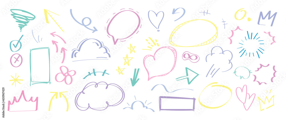 Set of cute pen line doodle element vector. Hand drawn doodle style collection of arrow, speech bubble, star, heart, scribble, colorful. Design for decoration, sticker, idol poster, social media. Set of cute pen line doodle element vector. Hand drawn doodle style collection of arrow, speech bubble, star, heart, scribble, colorful. Design for decoration, sticker, idol poster, social media.