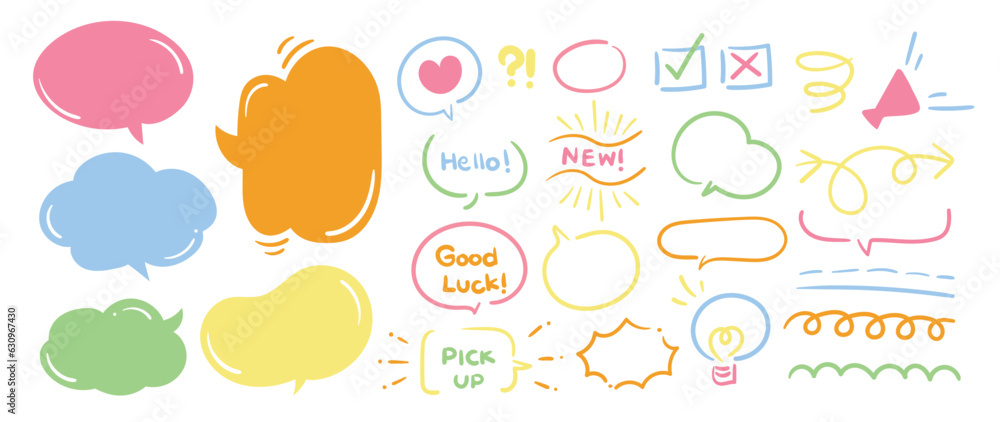 Set of cute pen line doodle element vector. Hand drawn doodle style collection of arrow, speech bubble, word, heart, scribble, colorful. Design for decoration, sticker, idol poster, social media. Set of cute pen line doodle element vector. Hand drawn doodle style collection of arrow, speech bubble, word, heart, scribble, colorful. Design for decoration, sticker, idol poster, social media.