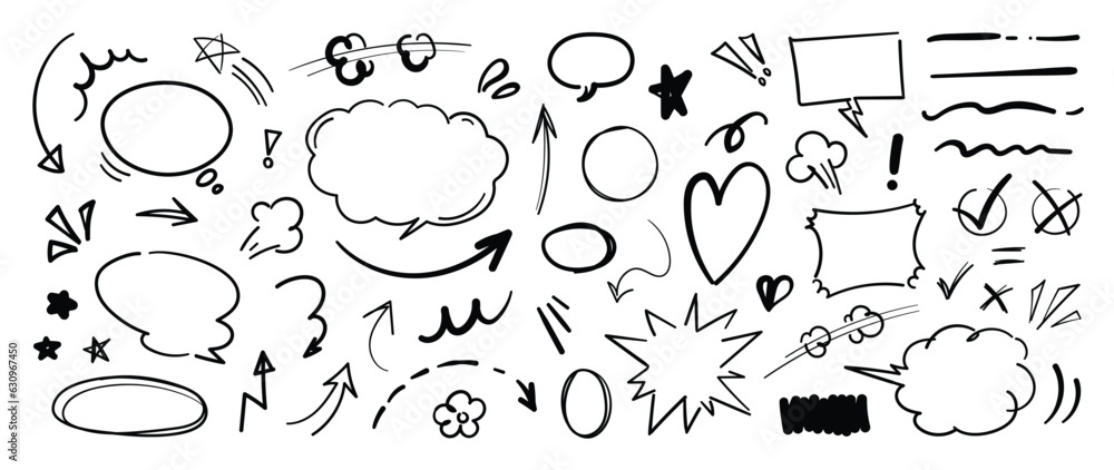 Set of cute pen line doodle element vector. Hand drawn doodle style collection of speech bubble, arrow, firework, star, heart. Design for decoration, sticker, idol poster, social media. Set of cute pen line doodle element vector. Hand drawn doodle style collection of speech bubble, arrow, firework, star, heart. Design for decoration, sticker, idol poster, social media.