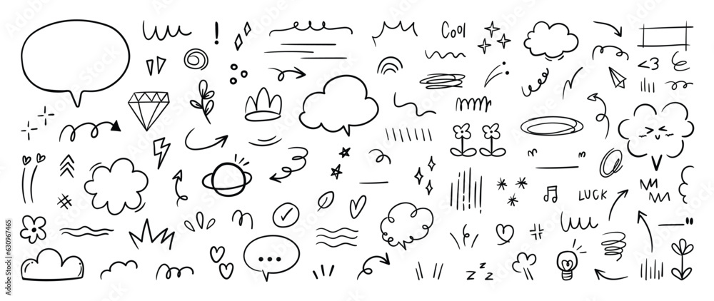 Set of cute pen line doodle element vector. Hand drawn doodle style collection of speech bubble, arrow, firework, star, heart, flower. Design for decoration, sticker, idol poster, social media.