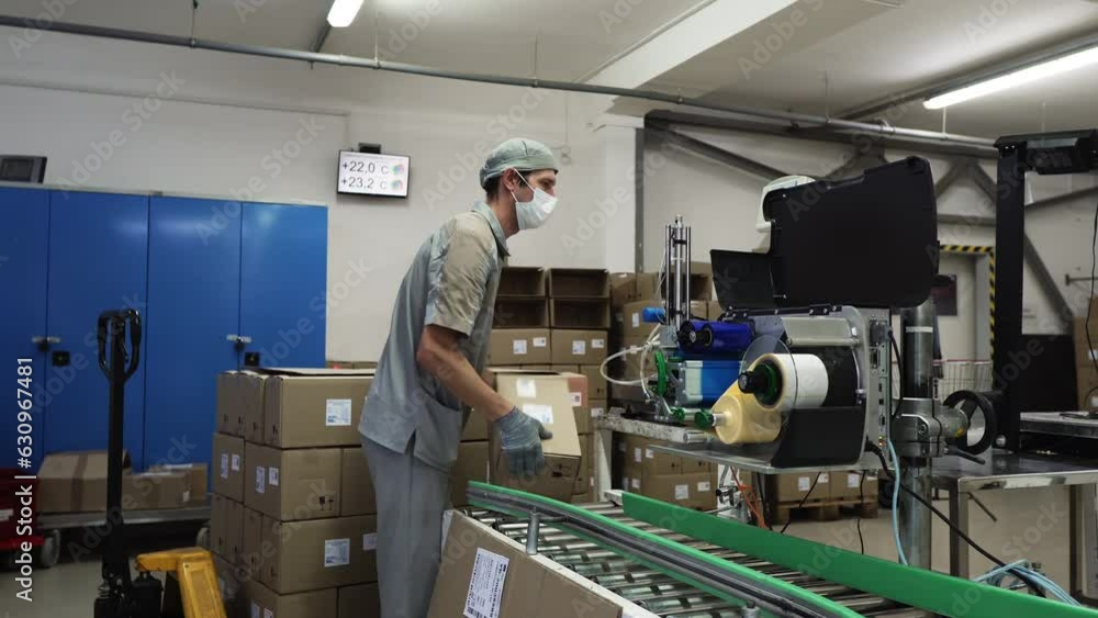 Factory Man Takes a Packed Cardboard Box From the Packaging Line And ...